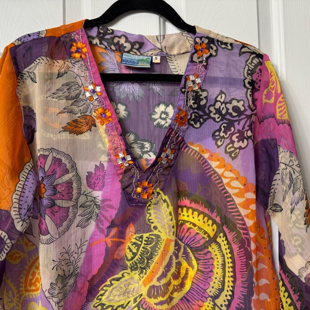 India boutique cover-up, S, orange, purple and yellow, very sheer, NWOT - Picture 6 of 11